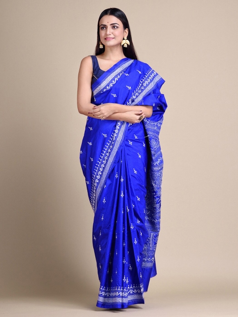 

Mitera Blue Kantha Stitch Pure Silk Saree