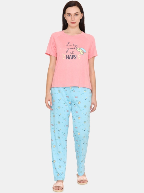 

Zivame Women Pink & Turquoise Blue Printed Night Suit