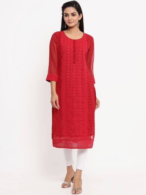 

BUYCLARA Red Floral Embroidered Chikankari Kurta