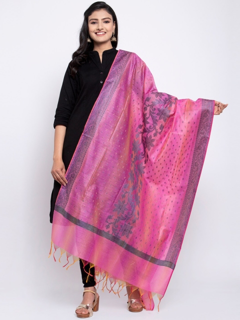 

LOOM LEGACY Pink & Blue Banarsi Cotton Silk Jacquard Dupatta