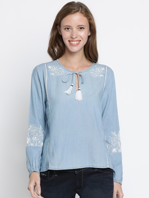 

Pepe Jeans Blue Floral Printed Tie-Up Neck Puff Sleeves Top