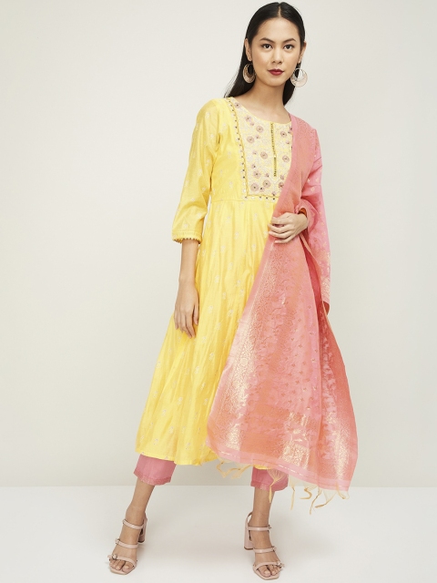

Melange by Lifestyle Women Yellow & Pink Embroidered Kurta with Palazzos & Dupatta