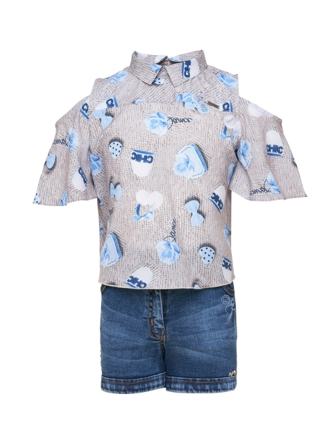 

Tiny Baby Girls Blue & Grey Printed Shirt with Shorts