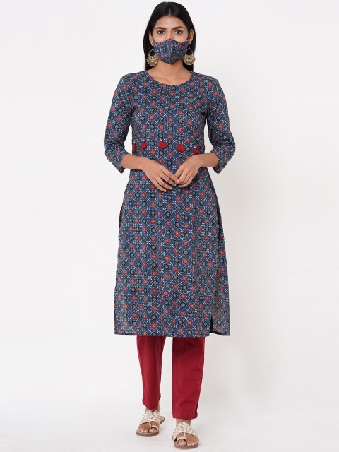 

FASHOR Navy Blue Paisley Paisley Printed Round Neck Regular Sleeves Kurta