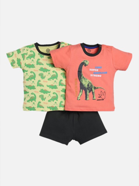 

TAMBOURINE Infant Boys Orange & Lime Green Printed Cotton 2 T-shirts with 1 Shorts