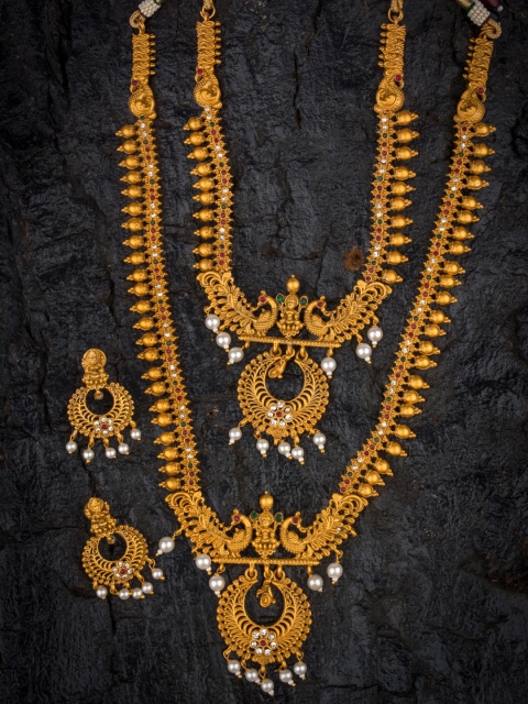 

Alankruthi Gold-Plated White & Red Artificial Stone-Studded Beaded Temple Jewellery Set