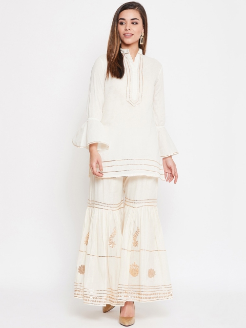 

TULIP 21 Women Off-White & Gold-Toned Solid Kurti And Sharara With Gota Work