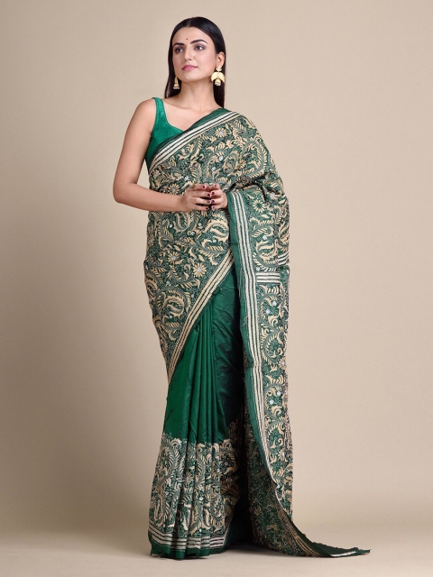 

Mitera Green Kantha Stitch Pure Silk Handloom Saree