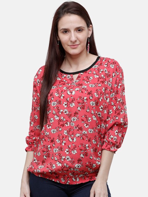 

Rasada Red Floral Printed Pure Cotton Blouson Top