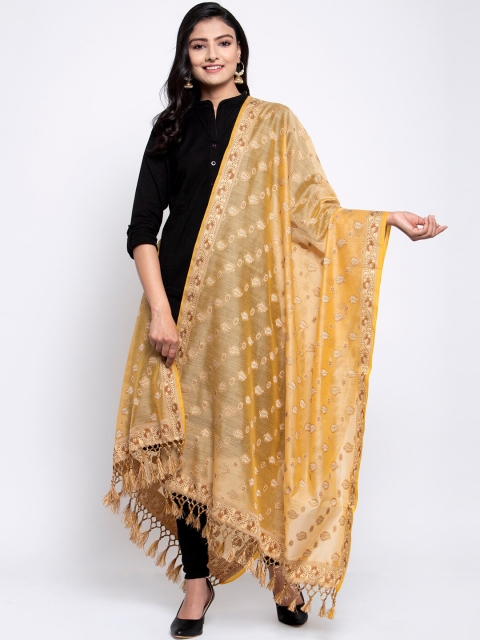 

LOOM LEGACY Gold-Toned & Brown Banarsi Cotton Silk Jacquard Dupatta