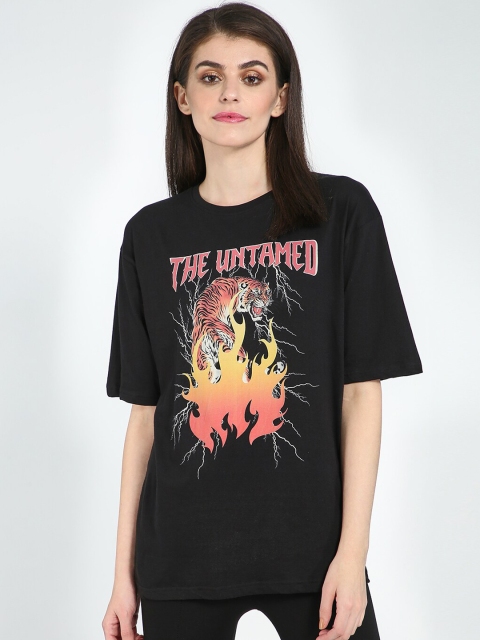 

Blue Saint Women Black Printed Round Neck T-shirt