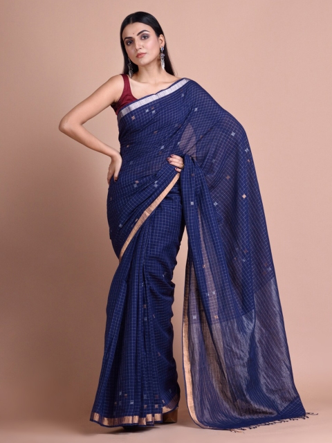 

Mitera Navy Blue Checked Pure Cotton Hand Woven Saree