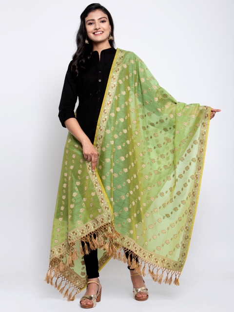 

LOOM LEGACY Green & Gold-Toned Banarsi Cotton Silk Jacquard Dupatta