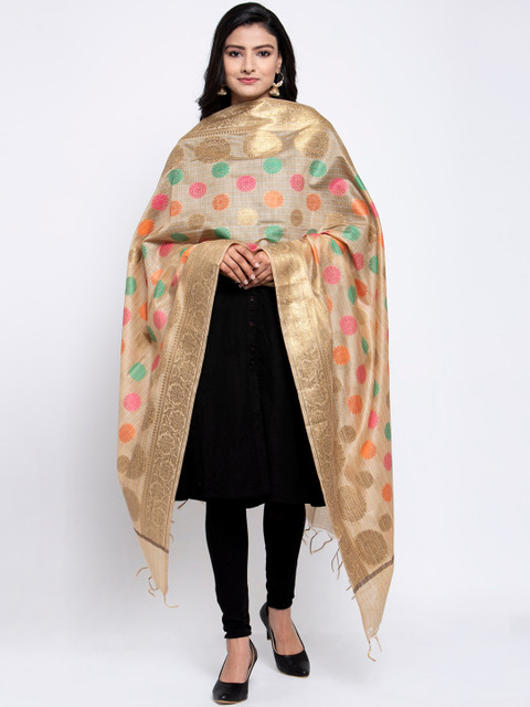 

LOOM LEGACY Gold-Toned & Pink Banarsi Cotton Silk Jacquard Dupatta