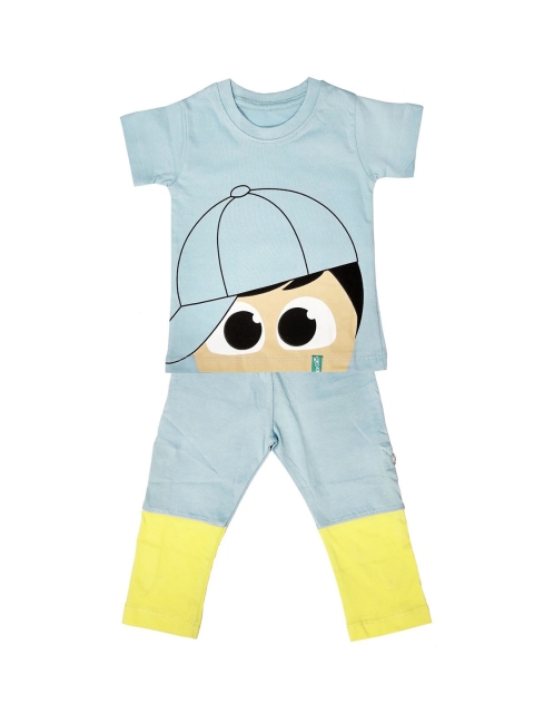 

You Got Plan B Kids Blue & Yellow Printed Cotton Night Suit