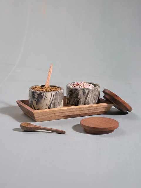 

ellementry Black & Beige Carbon Ceramic and Wood Condiment Set