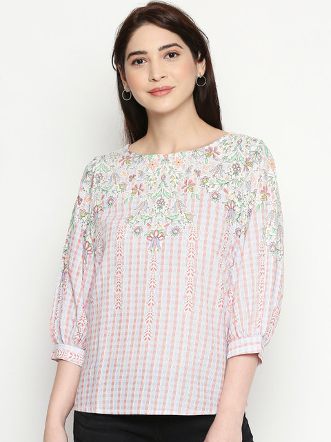 

People Women Pink & White Printed Top