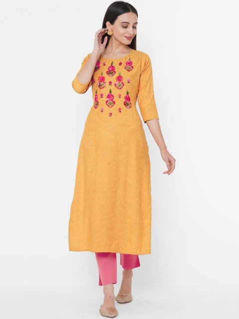 

FASHOR Mustard Yellow Floral Embroidered Thread Work Kurta