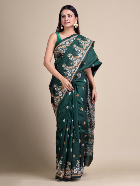 

Mitera Green Solid Kantha Stitch Saree