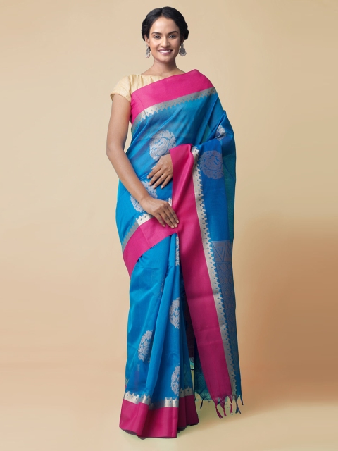 

Unnati Silks Blue & Pink Silk Cotton Woven Design Baluchari Saree
