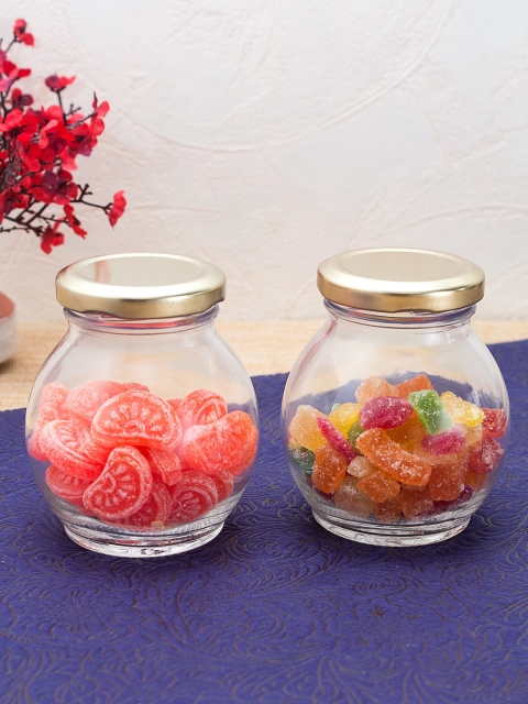 

WISHTANK Set of 2 Transparent Matka Shaped Glass Jars With Gold-Toned Lids