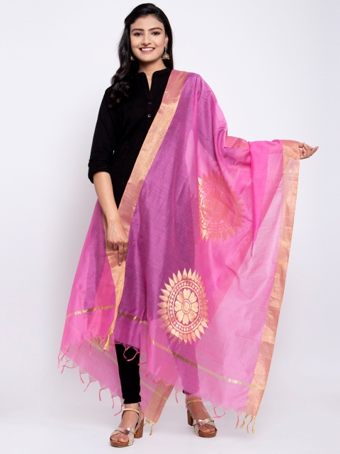 

LOOM LEGACY Pink & Gold-Toned Banarsi Cotton Silk Jacquard Dupatta