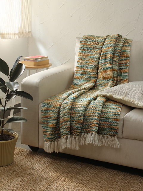 

House This Leen White & Teal Blue 3 Seater Woven-Design Sofa Throws