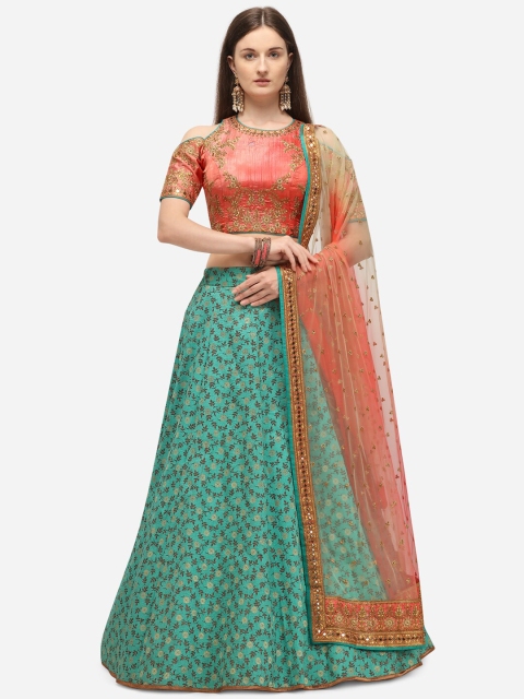 

NAKKASHI Green & Peach Embroidered Semi-Stitched Lehenga & Unstitched Blouse with Dupatta