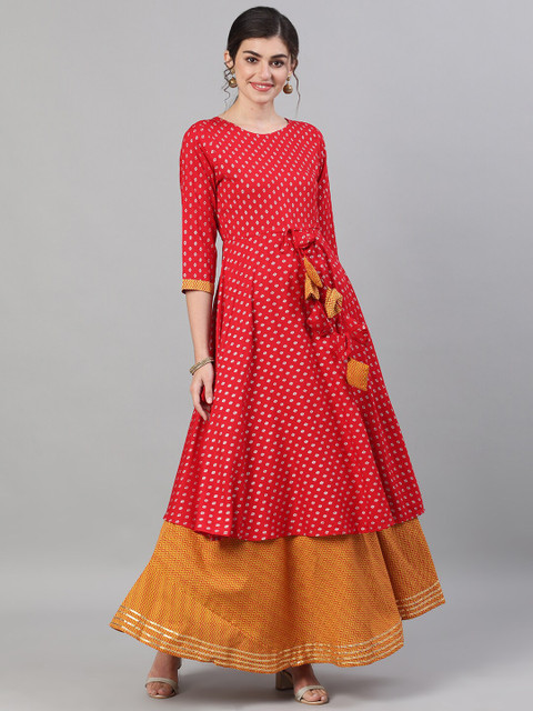 

Ishin Women Red & Mustard Yellow Printed Kurta with Skirt