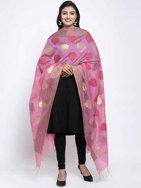 

LOOM LEGACY Pink & Gold-Toned Banarsi Cotton Silk Jacquard Dupatta