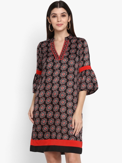 

NIZA Women Black Printed A-Line Dress