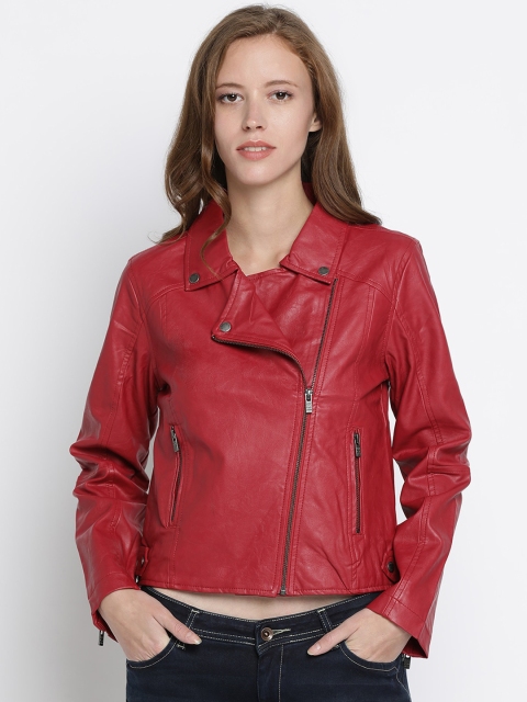 

Pepe Jeans Women Burgundy Solid Biker Jacket