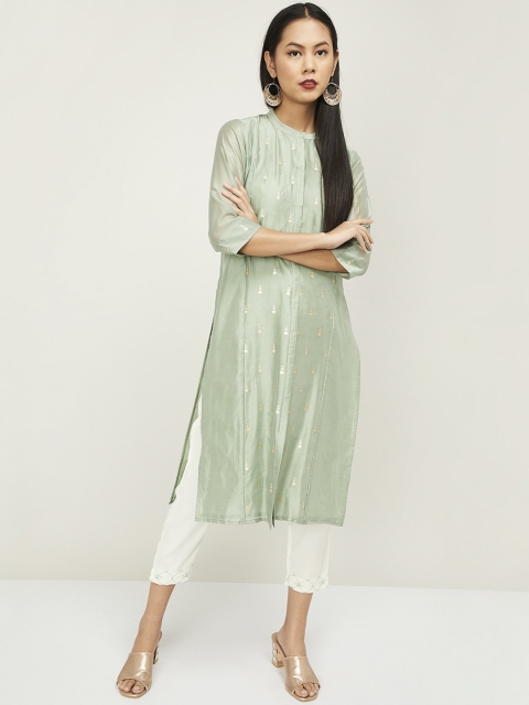 

Melange by Lifestyle Women Green & White Woven Design Kurta with Trousers