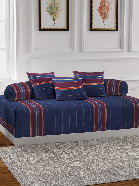 

NEUDIS Set Of 6 Blue & Maroon Striped Bedsheet With Bolster & Cushion Covers
