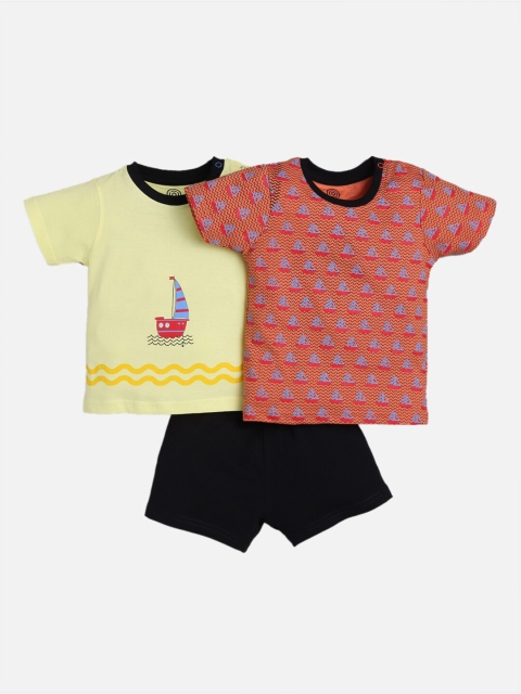 

TAMBOURINE Boys Pack Of 2 Pure Cotton Printed T-shirts with Single Shorts, Yellow