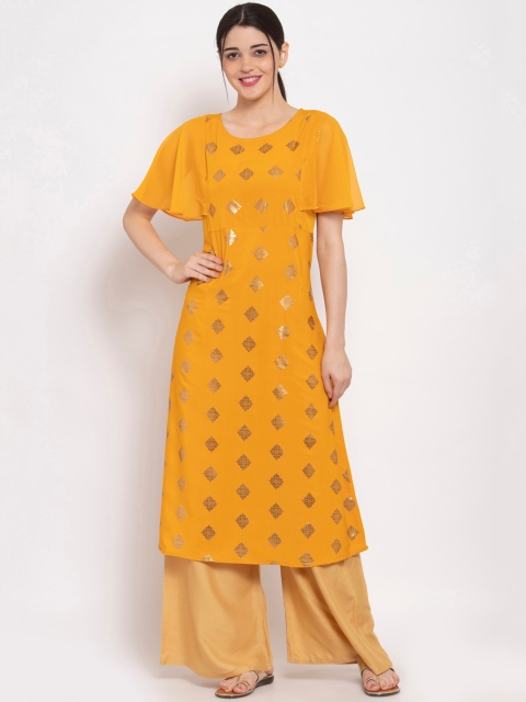 

ALC Creations Yellow Ethnic Motifs Printed Flared Sleeves Floral Crepe Kurta