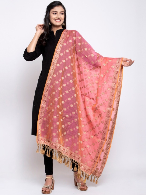 

LOOM LEGACY Pink & Gold-Toned Banarsi Cotton Silk Jacquard Dupatta