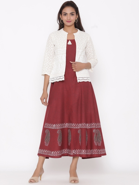 

Silai Bunai Maroon Ethnic Motifs Printed Kurta With Jacket