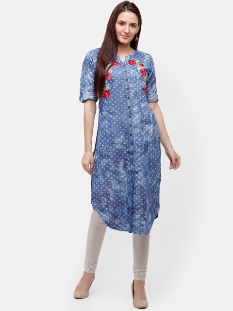 

Rasada Women Blue & Red Quirky Printed Thread Work Kurta