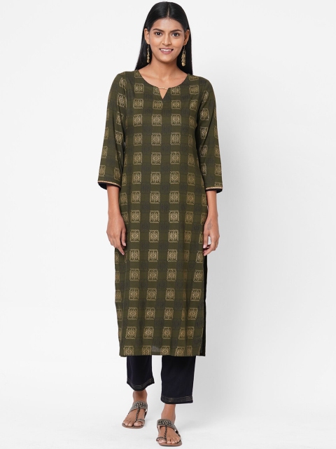 

Os Olive Green Geometric Printed Keyhole Neck Kurta