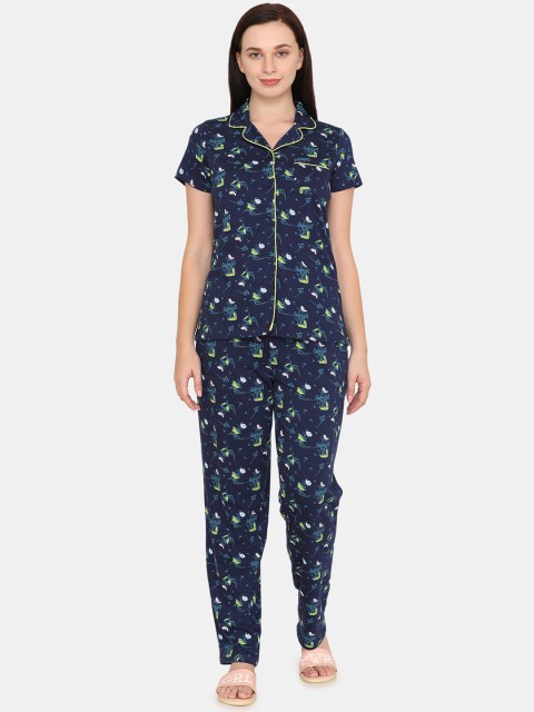 

Zivame Women Navy Blue & Yellow Printed Night Suit