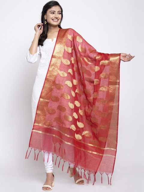 

LOOM LEGACY Red & Gold-Toned Banarsi Cotton Silk Jacquard Dupatta