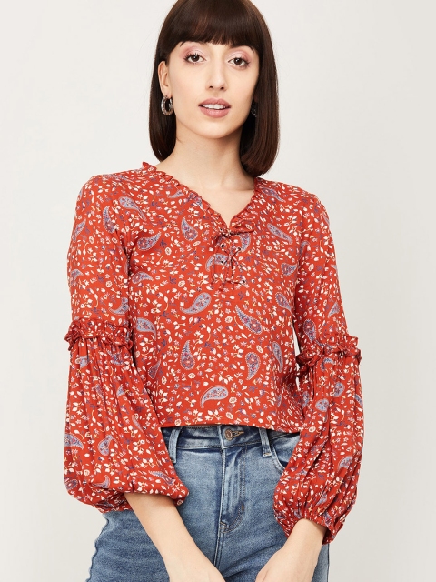 

Ginger by Lifestyle Maroon Printed Puff Sleeves Crop Top