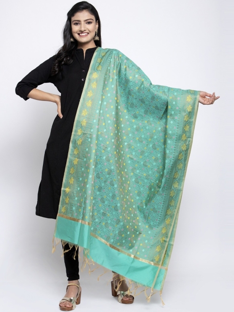 

LOOM LEGACY Green & Gold-Toned Banarsi Cotton Silk Jacquard Dupatta