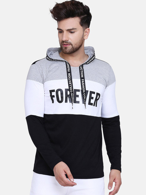 

KAY DEE Men Grey and White Solid Hood T-shirt