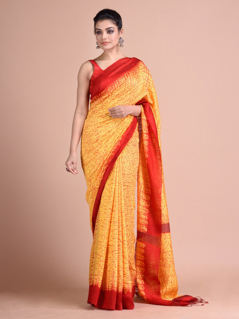 

Mitera Yellow & Red Pure Silk Dyed Designer Saree