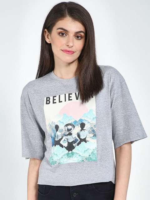 

Blue Saint Women Grey Printed Round Neck T-shirt