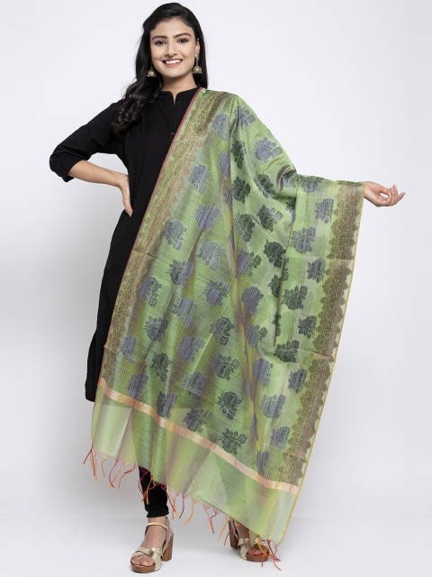 

LOOM LEGACY Green & Grey Banarsi Cotton Silk Jacquard Dupatta