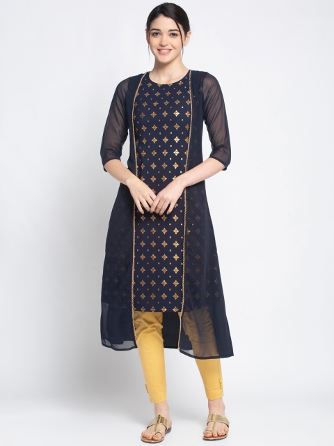 

ALC Creations Navy Blue Geometric Printed Crepe Kurta