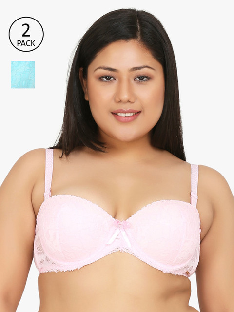 

Curvy Love Plus Size Pink Blue Solid Underwired Lightly Padded Balconette Bra